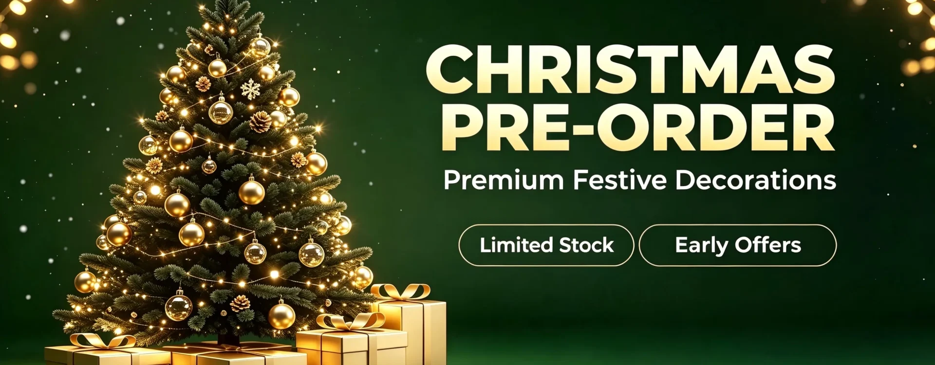 Winter festive Christmas pre‑sale banner, luxury indoor Xmas home holiday decorations