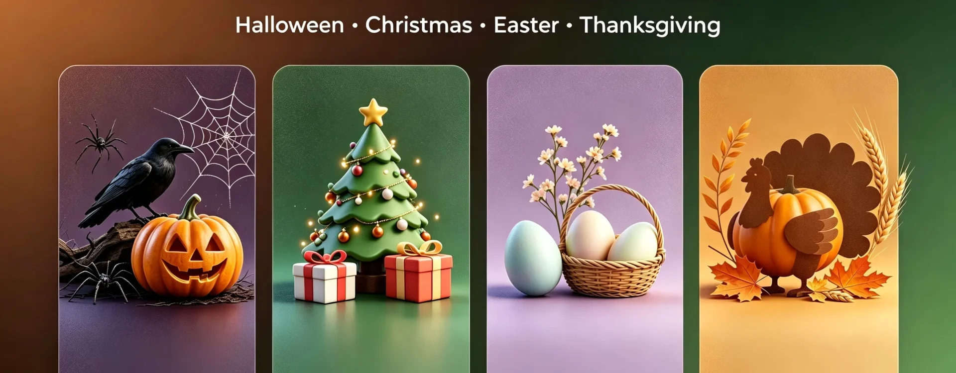 Four‑season holiday decoration collection banner for Halloween, Christmas, Easter and Thanksgiving